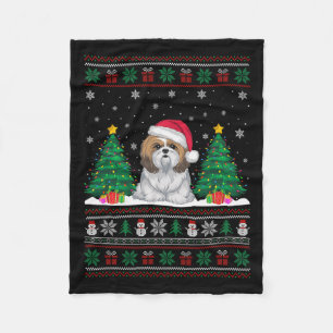 Santa Hat Shih Tzu Dog Christmas Tree Lights Ugly Fleece Blanket