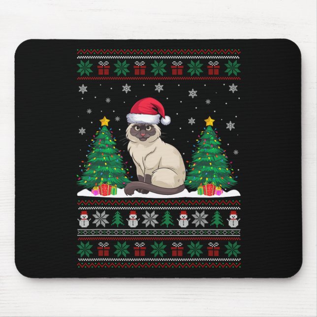 Santa Hat Siamese Cat Christmas Tree Lights Ugly S Mouse Pad (Front)