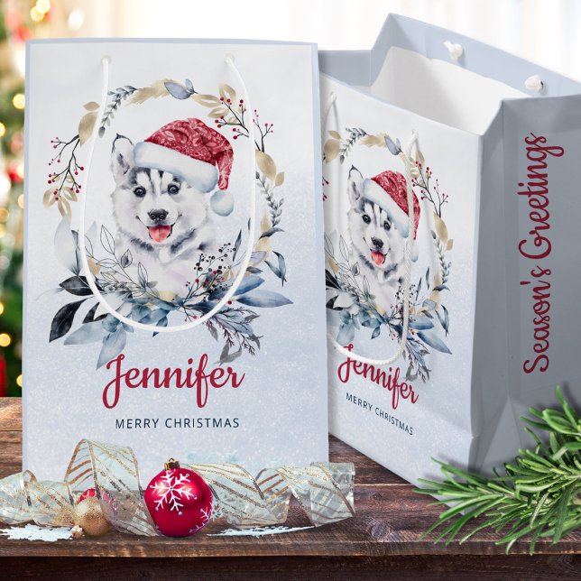 Santa Hat Siberian Husky Custom Dog Christmas Medium Gift Bag (Creator Uploaded)