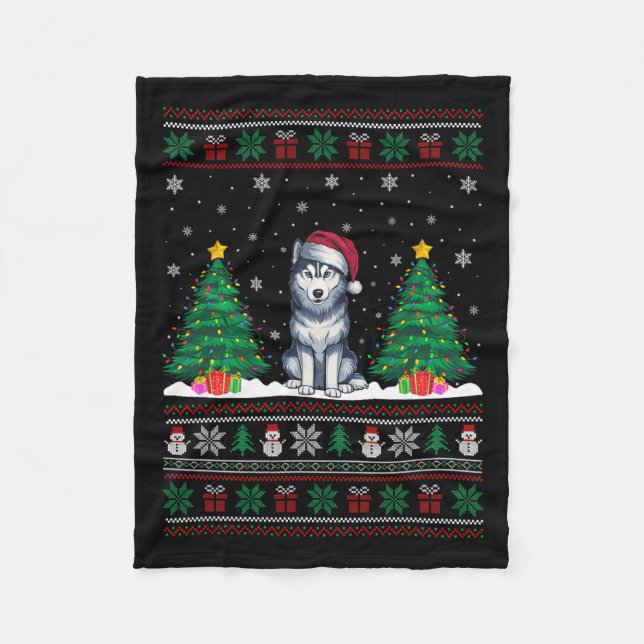 Santa Hat Siberian Husky Dog Xmas Tree Lights Ugly Fleece Blanket (Front)