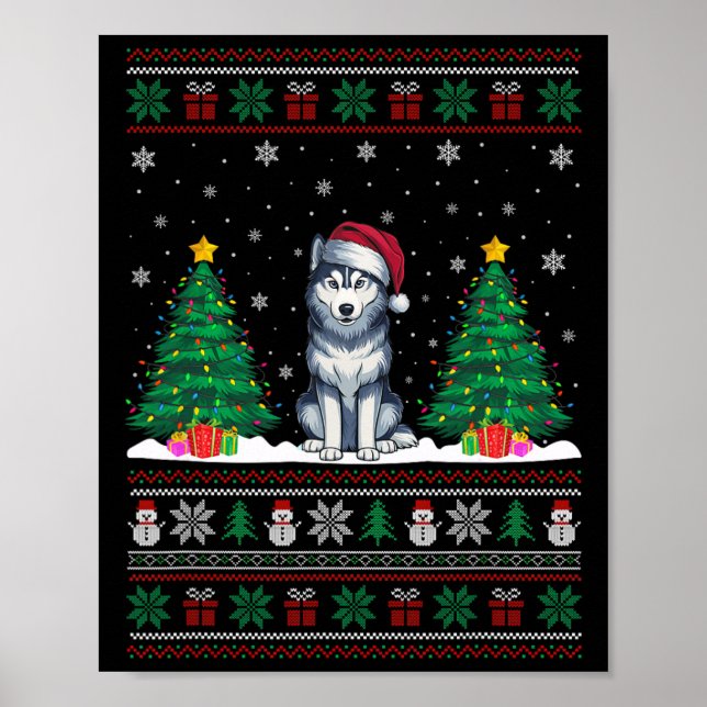 Santa Hat Siberian Husky Dog Xmas Tree Lights Ugly Poster (Front)