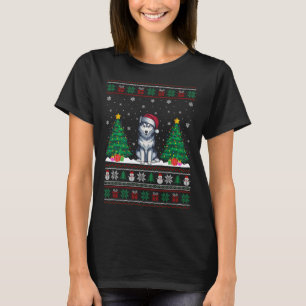 Santa Hat Siberian Husky Dog Xmas Tree Lights Ugly T-Shirt
