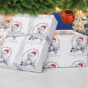 Santa Hat Siberian Husky Pup Wreath Holiday Wrapping Paper