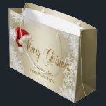 Santa Hat Snowflake Gold Christmas Large Gift Bag<br><div class="desc">Gold Christmas gift bags with red Santa hat and Merry Christmas on a pretty snowflake and gold background. These elegant gold snowflake Christmas gift bags are easily customised with your text.</div>