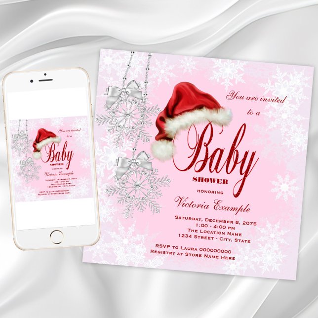 Santa Hat Snowflakes Girls Christmas Baby Shower Invitation (Christmas baby shower invitation. Any color background. Printed and instant download available.)