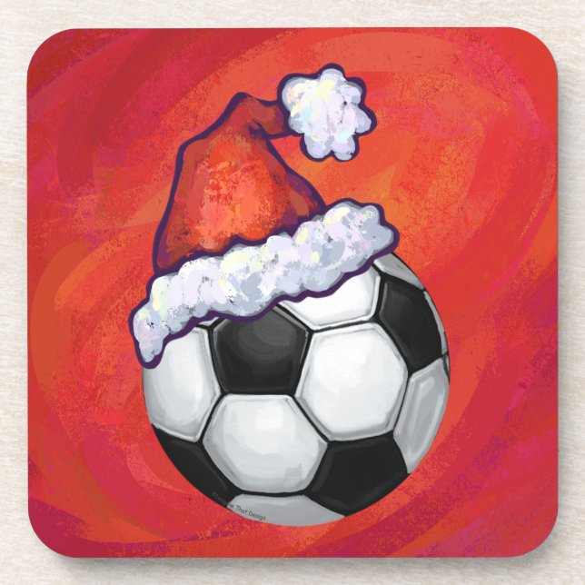Santa Hat Soccer Ball on Red Coaster (Front)