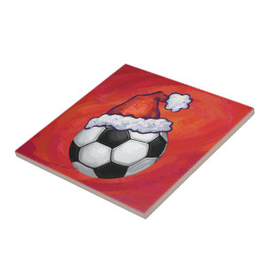 Santa Hat Soccer Ball on Red Tile