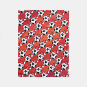 Santa Hat Soccer Ball Pattern on Red Fleece Blanket