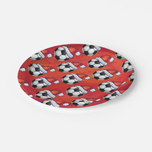 Santa Hat Soccer Ball Pattern on Red Paper Plate