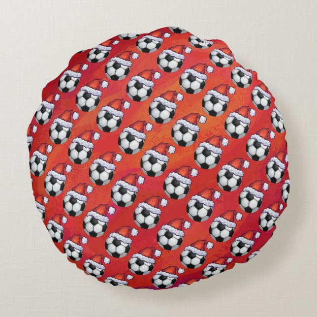 Santa Hat Soccer Ball Pattern on Red Round Cushion (Back)