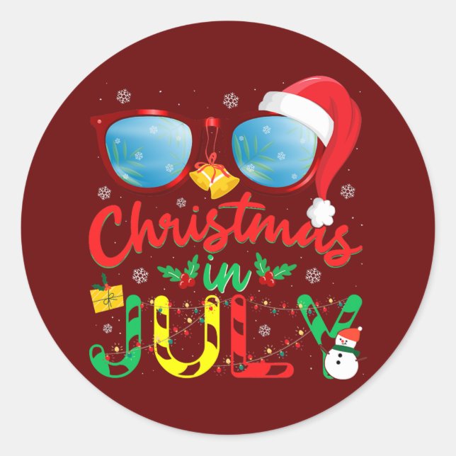 Santa Hat Sunglasses Summer Christmas In July  Classic Round Sticker (Front)