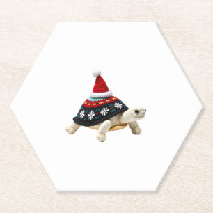 Santa Hat Tortoise - Vintage Sea Turtle Xmas Ugly Paper Coaster