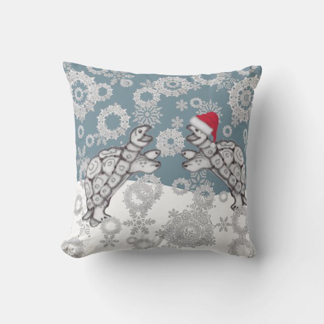 Santa Hat, Turtles & Snowflakes Winter Christmas Cushion (Front)