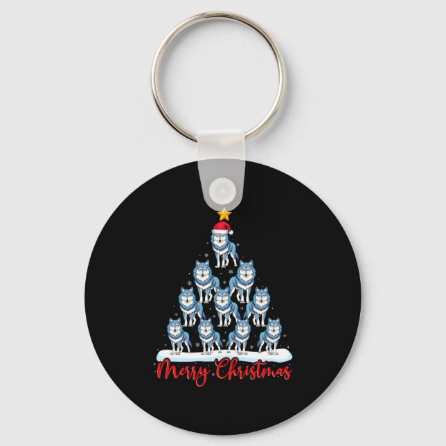 Santa Hat Ugly Xmas Funny Wolf Christmas Tree  Key Ring (Front)