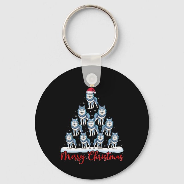 Santa Hat Ugly Xmas Funny Wolf Christmas Tree T Sh Key Ring (Front)