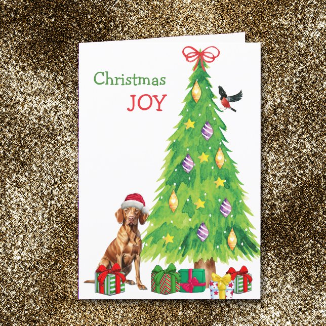 Santa Hat Vizsla, Bird and Christmas Tree Holiday Card (Creator Uploaded)