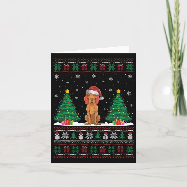 Santa Hat Vizsla Dog Christmas Tree Lights Ugly Sw Card (Front)