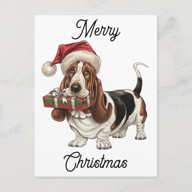 santa hat wearing basset hound personalised holiday postcard (Front)