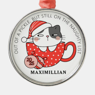 Santa Hat-Wearing Cat Inside a Mug  Metal Tree Decoration
