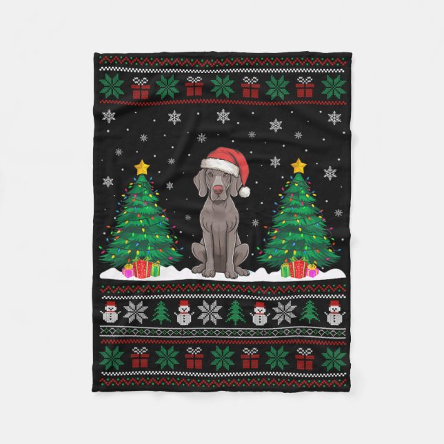 Santa Hat Weimaraner Dog Christmas Tree Lights Ugl Fleece Blanket (Front)
