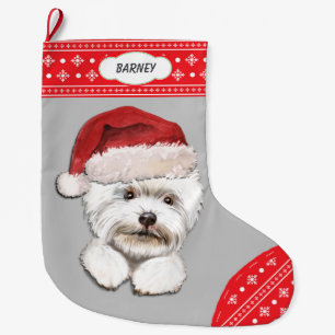 Santa Hat Westie Snowflake Border Large Christmas Stocking