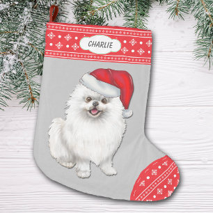 Santa Hat White Pomeranian Snowflake Border Large Christmas Stocking