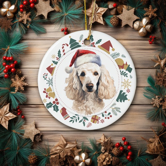 Santa Hat White Poodle Dog Christmas Wreath Ceramic Tree Decoration (Creator Uploaded)
