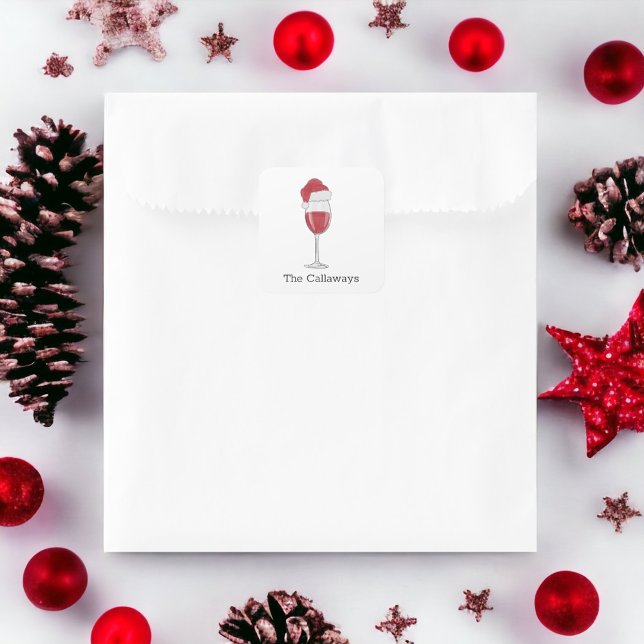 Santa Hat Wine Glass Personalised Holiday Party Square Sticker (Creator Uploaded)