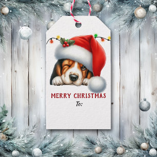 Santa Hat Winking Basset Hound Puppy Christmas Gift Tags