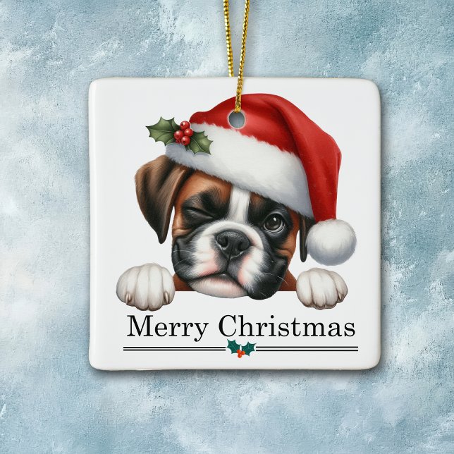 Santa Hat Winking Boxer Dog Puppy Christmas Ceramic Ornament (Creator Uploaded)