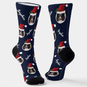 Santa Hat With Custom Photo And Name On Blue Socks