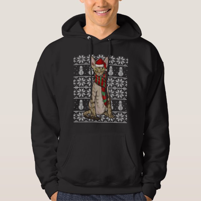 Santa Hat Xmas Devon Rex Cat Ugly Christmas Hoodie (Front)