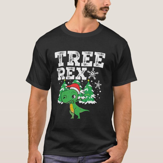 Santa Hat Xmas Tree Rex Dinosaur Christmas Long Sl T-Shirt (Front)