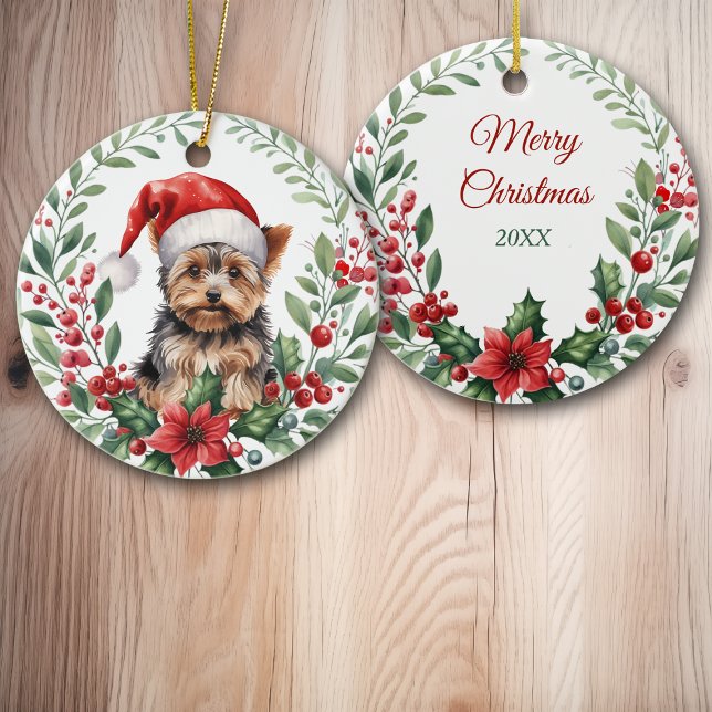 Santa Hat Yorkshire Terrier Poinsettia Wreath Ceramic Tree Decoration (Creator Uploaded)