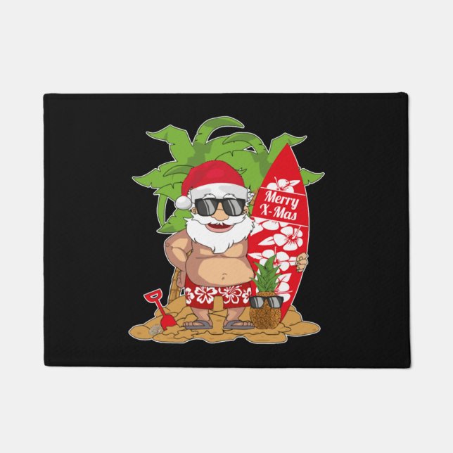 Santa Hawaiian Surfing Christmas in July Gift Doormat (Front)