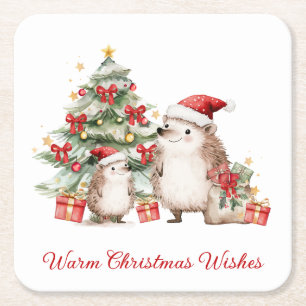 Santa Hedgehog Christmas Wishes  Square Paper Coaster