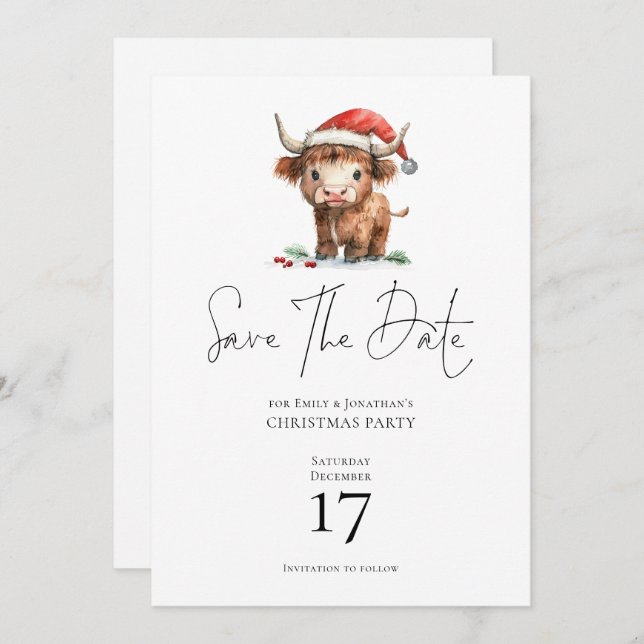 Santa Highland Cow Christmas Save the Date Invitation (Front/Back)