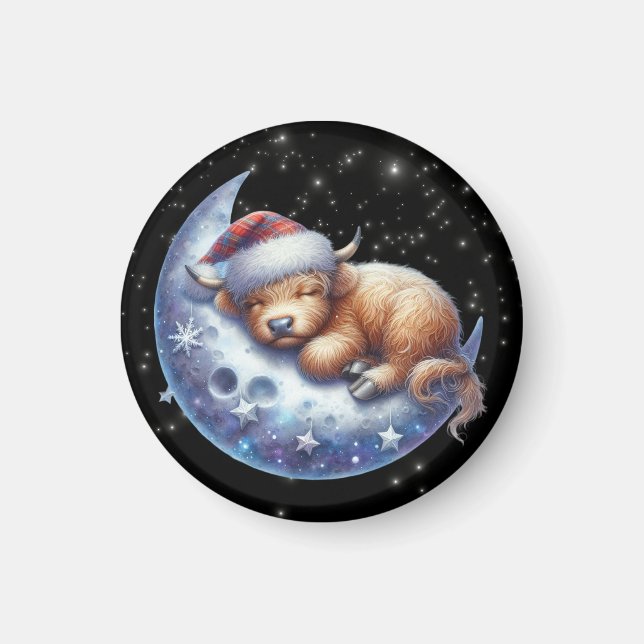  Santa Highland Cow Sleeping on the Moon Magnet (Front)