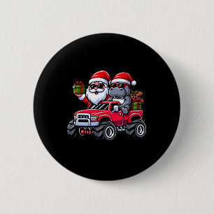 Santa Hippopotamus Riding Monster Truck Christmas 6 Cm Round Badge
