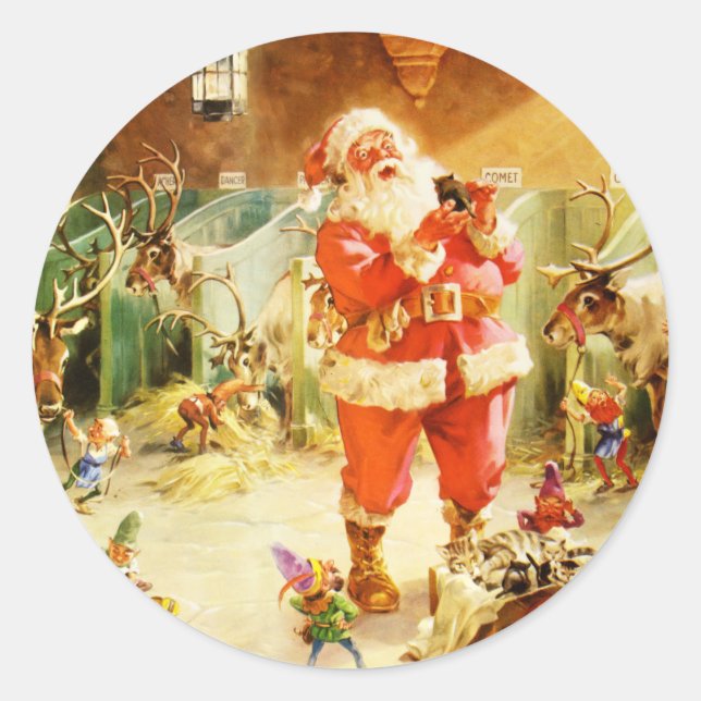 Santa & His Elves in the North Pole Stables Classic Round Sticker (Front)