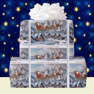 Santa & His Reindeer Christmas Personalise Text  Wrapping Paper