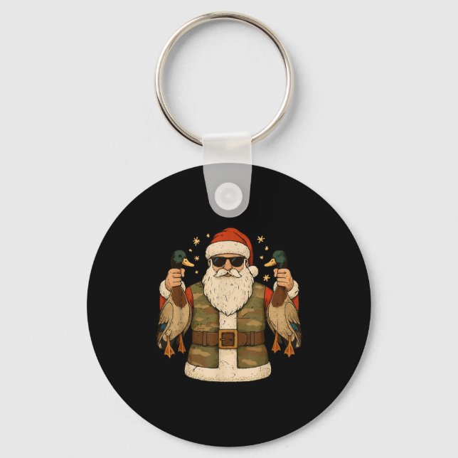 Santa Hold Mallard Duck Hunting Christmas Pajama T Key Ring (Front)