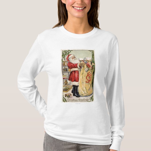 Santa Holding an Overflowing Bag of Toys T-Shirt (Front)