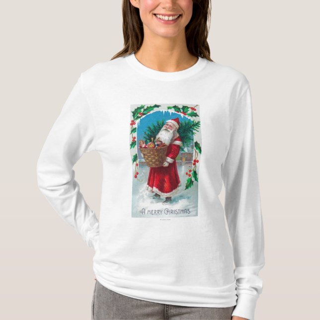 Santa Holding Basket of Toys Scene T-Shirt (Front)