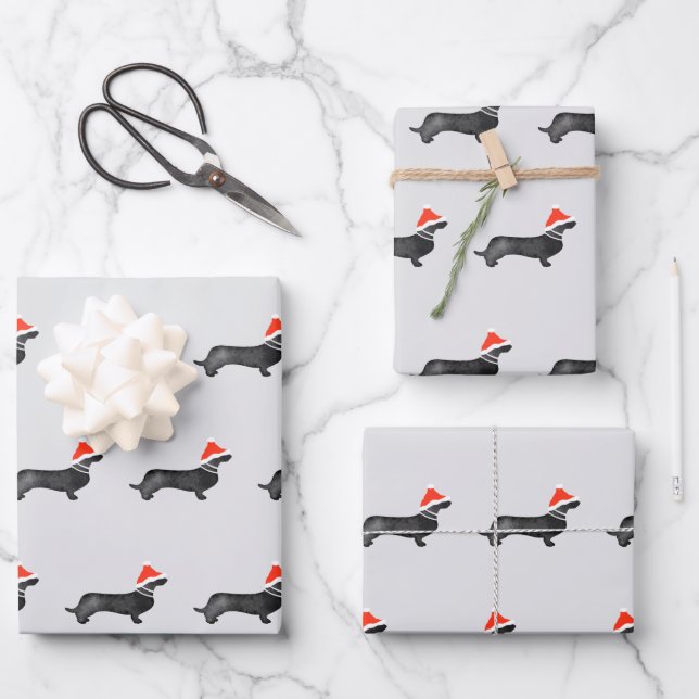 Santa holiday Christmas dachsund watercolor black Wrapping Paper Sheet (Front)