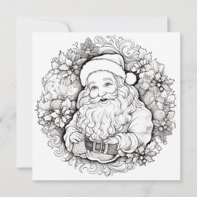 Santa Holy Poinsettia Wreath Christmas Colouring  Holiday Card (Front)