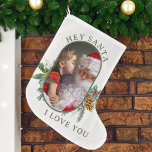 Santa I Love You Holly Pine Lozenge Shape Photo Large Christmas Stocking<br><div class="desc">Fun Christmas Photo stocking with custom photo and personalised message to Santa, or you could add your name instead. Your photo is displayed in 16:9 portrait format and the photo template will automatically display them in a pill-shaped, rounded lozenge shape. Please browse my Rounded Lozenge Photo Collage collection for more...</div>
