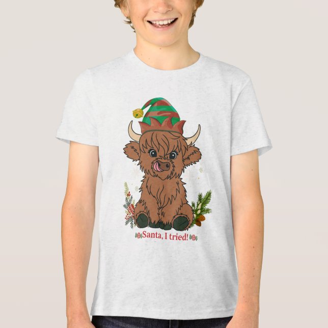 Santa, I Tried – Adorable Christmas Highland Cow Tri-Blend Shirt (Front)