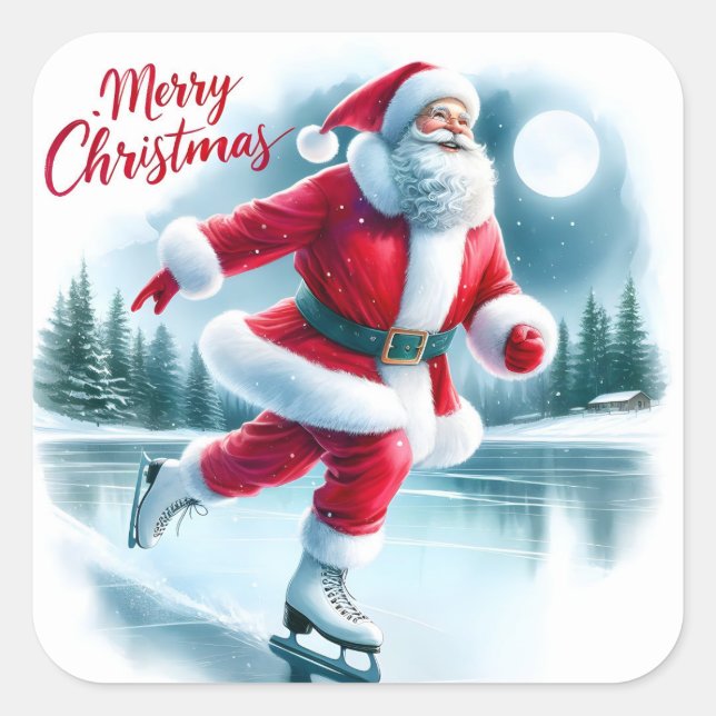 Santa Ice Skates in Winter Wonderland Square Sticker (Front)