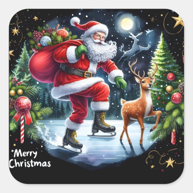 Santa Ice Skates With Reindeer at Night Square Sticker (Front)